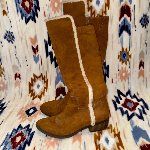 Mia Over Knee Suede Brown Boots With Sherpa Like Trim - Picture 2 of 4